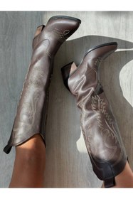 Resim SHOEBOURNE Kahverengi Deri Uzun Nakışlı Kovboy Tarzı Çizme 