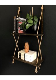 Resim O&Awood Halatlı Doğal Ahşap Dekoratif Duvar Rafı, 2 Katlı Ahşap Çiçeklik, (497953120) 