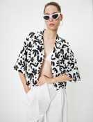 Resim Crop Gömlek Keten Karışımlı Kısa Kollu Etnik Detaylı Devrik Yaka Düğmeli 