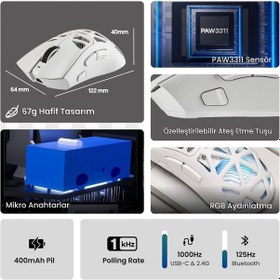 Resim Aula Sc620 Paw3311 Sensör 12000 Dpı 1000hz Kablolu Ve Kablosuz Gaming Oyuncu Mouse Beyaz Sc620 
