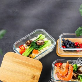 Resim Morponi Bambu Kapaklı 3'lü Diktörtgen Vakumlu Kase Cam Saklama Kabı (640-1000-1500 Ml) 