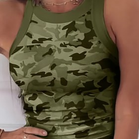 Resim Kadınlar İçin Casual Kamuflaj Desenli Atlet - Bol Kesim Yuvarlak Yaka Yazlık Kolsuz Gömlek, Nefes Alabilen ve Makinede Yıkanabilir, Şeffaf Olmayan Kumaş 
