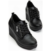 Resim Kadın Dolgu Topuklu Ayakkabı Siyah Fermuarlı Bağcıklı Cilt-3166 Siyah 