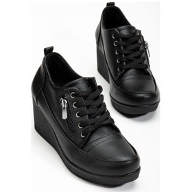 Resim Kadın Dolgu Topuklu Ayakkabı Siyah Fermuarlı Bağcıklı Cilt-3166 Siyah 