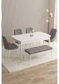 Resim Mazaka Serisi 80x132 Açılabilir Mdf Beyaz Masa Takımı 4 Gri Sandalye 1 Bench Gri 
