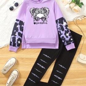 Resim Büyük Kızlar İçin İki Parça Takım: Karakter Baskılı Kapüşonlu Uzun Kollu Ceket ve Rastgele Ayak Boyu Şort, Bahar/Sonbahar İç Çamaşırı İdeal 