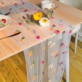 Resim Canlı renkli ve şık çiçek nakışlı masa örtüsü, iç mekan ve dış mekan buluşmalarında romantik bir hava katmak için birinci tercihiniz 