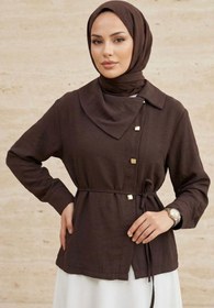 Resim adamila Kadın Kahve Yaka Düğme Detaylı Belden Bağlamalı Şık ve Modern Tesettür Gömlek Tunik Yazlık 