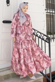 Resim benguen Desenli Tesettür Jessica Elbise B588 Pembe 