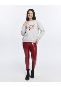 Resim Kadife Love Yourself Desenli Gri Melanj Yumuşak Dokulu Regular Fit Bisiklet Yaka Kadın Sweatshirt Gri Melanj 