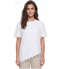 Resim Onloox Kadın Beyaz Beyaz Pamuklu Bisiklet Yaka Kısa Kollu Oversize Dantel Detaylı Asimetrik Kesim T-shirt 