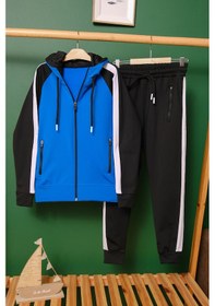 Resim Unisex Şerit Detaylı Kapüşonlu Çocuk Eşofman Takımı Mavi 