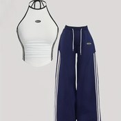Resim 2 adet Kadın Modası Aktif Giyim Seti - Kolsuz Crop Top ve Yivli Detaylı Geniş Bacaklı Pantolon, Polyester, Y2K Tarzı, Tüm Mevsimler İçin Uygun, Rahat Kıyafet|Y2K Modası|Polyester Kumaş 
