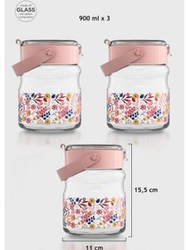 Resim Renga Mono 900 Ml Çiçek Desenli 3'lü Cam Kavanoz Seti 132065 Pembe 