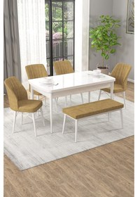 Resim Arel Beyaz 80x132 Açılabilir Mdf Masa Yemek Odası Takımı, Mutfak Takımı 4 Adet Sandalye, 1 Bench Beyaz Masa - 4+1 Cappuccino - Beyaz Ayak 