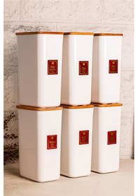 Resim Snippy Cube - 6'lı Vakumlu Ahşap Kapaklı Etiketli Plastik Saklama Kabı Baharatlık Saklama Organizeri 2900ml Beyaz 