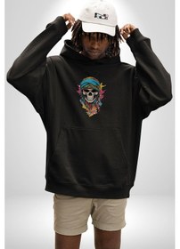 Resim Bandaba Renkli Kurukafa Kadın Erkek Siyah Kapüşonlu Sweatshirt Hoodie Siyah 