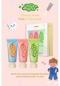 Resim Renkli, Meyve Aromalı, Çürüklere Karşı Etkili Çocuk Diş Macunu Seti Kundal Chicka Smile Kids Toothpaste Set 