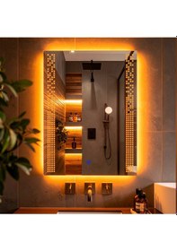 Resim Velano Amber Led'li Lazer Kumlamalı Lavabo & Banyo Aynası Dokunmatik Sensörlü 100 X 75 Cm Turuncu 