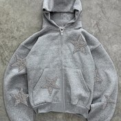 Resim Kadın Günlük Yıldız Desenli Fermuarlı Kapüşonlu Ceket - Uzun Kollu, Geometrik Desenli, Normal Boy, Tüm Sezon Rahatlığı, Günlük Sokak Giyim Stili, Günlük Dış Giyim 