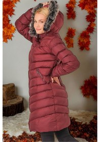 Resim Z6690 Dewberry Kürklü Kapşonlu Bayan Kaban-düz Bordo-düz Bordo 