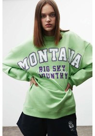 Resim GRIMELANGE Ramona Kadın Oversize Yumuşacık İçi Polarlı Organik Pamuklu Baskılı Yuvarlak Yakalı Yeşil Sweatshirt Yeşil 