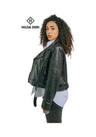 Resim Hilda Deri Emery Biker Tarzı Siyah Oversize Hakiki Kuzu Derisi Kadın Ceket 001 