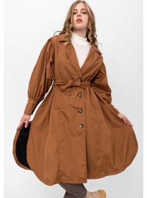 Resim Pastelastore Kadın Balon Kol Yırtmaçlı Düğmeli Kuşaklı Oversize Uzun Mevsimlik Trençkot 2113 Taba 