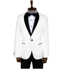 Resim Wessi Beşgen Desenli Şal Yaka Beyaz Erkek Smokin Ceket Beyaz 