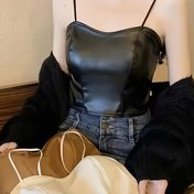 Resim 3 adet Retro Tarzı Suni Deri Kolsuz Üstler - Omuz Askılı Askılı Tank Üstleri Göğüs Pedleriyle, Düz Renk, Döküm, Bahar/Yaz/Sonbahar Koleksiyonu 