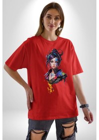 Resim Süper Robot Kız Sulu Boya Pamuklu Bisiklet Yaka Unisex Oversize Boyfriend Dijital Baskılı Kırmızı T-shirt Kırmızı 