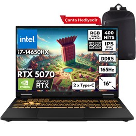 Resim ASUS TUF Gaming F16 i7-14650HX 48 -GBDDR5 4 TBSSD RTX5070 (8GB-GDDR7-115W) 16\ 2.5K WQXGA 165Hz Freedos + Sırt Çantası FX608JPR-QT002HMF15 