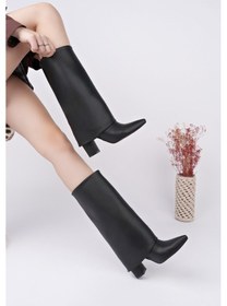 Resim Muggo Rebeca Sivri Burun Kalın Topuklu Kadın Çizme - Siyah 