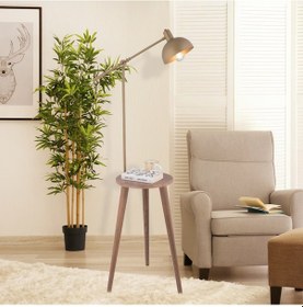 Resim Heather Eskitme Başlıklı Ahşap Sehpalı Modern Ayaklı Abajur Lamba Ahşap Lambader 