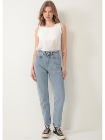 Resim Yüksek Bel Mom Jean %100 Pamuk Denim Pantolon Mavi Mavi 