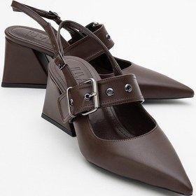 Resim Luvi Shoes Nepido Kahve Cilt Kadın Sivri Burun Arkası Açık Kalın Topuklu Ayakkabı Kahve Rengi Kahverengi 