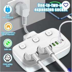 Resim Vothoon Akım Korumalı 2'li Ayrı Anahtarlı Priz, 2x Priz, 3x USB, 1x Type-C, 2 mt Kablo, Hızlı Şarj 