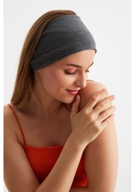 Resim Kadın Çift Taraflı Kullanım Alternatifli Pamuklu Penye Kaymaz Hafif Spor Saç Bandı Bandana - Tek Ebat / Füme Füme 