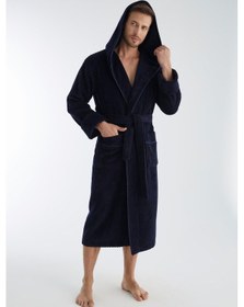 Resim Yaka Fitilli Bambu Cotton Erkek Bornozu Lacivert 