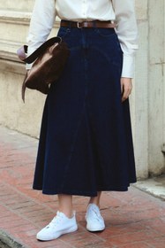 Resim Mizalle Parça Volanlı Lacivert Maksi Denim Etek 