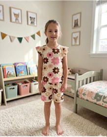 Resim Aliş Kids Kız Çocuk Pamuklu Bej Rengi Papatya Desenli Kolları Fırfırlı Kısa Kollu Şortlu Yazlık Pijama Takımı 