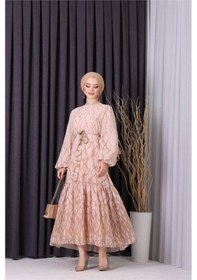 Resim Neşeli Butik Kadın Şifon Eteği Fırfırlı Desenli Tesettür Elbise Sms008 Bej 