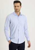 Resim Uçuk Mavi Uzun Kol Slim Fit Dar Kesim Klasik Desenli Pamuklu Kolay Ütülenebilir Gömlek Kigili
