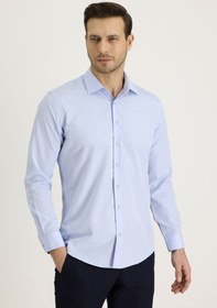 Resim Uçuk Mavi Uzun Kol Slim Fit Dar Kesim Klasik Desenli Pamuklu Kolay Ütülenebilir Gömlek 