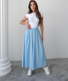 Resim Beli Lastikli Geniş Kesim Kloş Double Krep Pantolon Etek 5187 - Buz Mavisi - Buz Mavisi / L-XL 