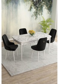 Resim Meri Serisi 80x132 Açılabilir Mdf Beyaz Mermer Desen Masa Takımı 4 Kahve Sandalye Siyah 