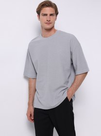 Resim Oversize Fit Yuvarlak Yaka Düz Erkek Mavi Kısa Kol Tişört 
