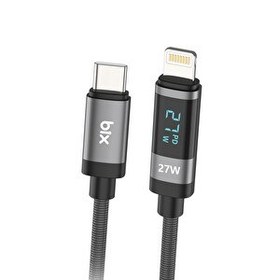 Resim Bix BX06CL Type-C to Lightning 27W Örgülü LED Dijital Ekranlı Şarj ve Data Kablosu 1 M 