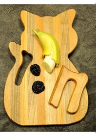 Resim Çocuk Için Kedi Şeklinde Ceviz Ve Kayın Ağacından Ahşap Kesme Tahtası Ve Bıçağı Ahşap 