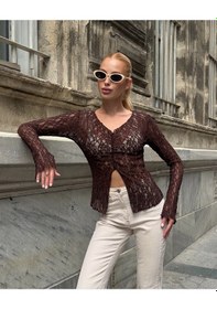 Resim Mamayaga Kadın V Yaka Full Esnek Dantel Bürümcük Spor Şık Tasarım Asimetrik Kesim Gece Bluzu Kahverengi 